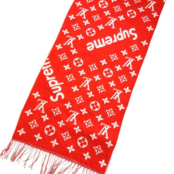 Louis Vuitton LV Supreme Red & White Monogram Cashmere Scarf - Picture 3 of 10